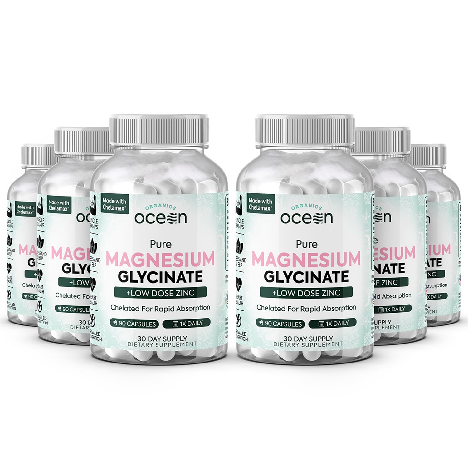 Organics Ocean Pure Magnesium Glycinate with Zinc bottle emphasizing quality and strength.