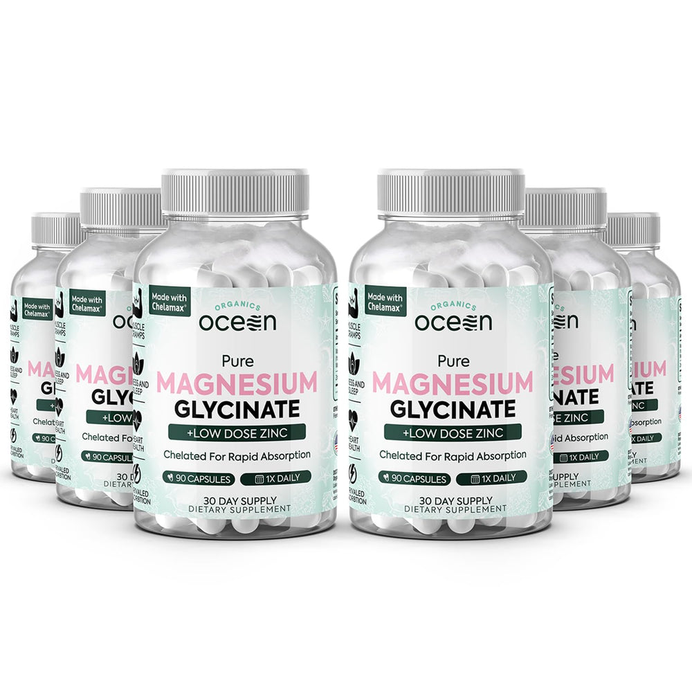 Organics Ocean Pure Magnesium Glycinate with Zinc bottle emphasizing quality and strength.