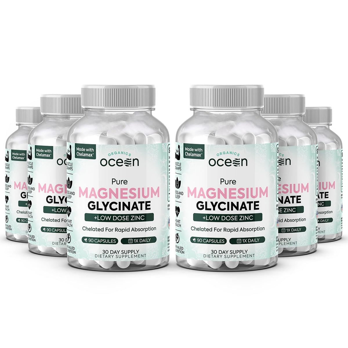 Organics Ocean Pure Magnesium Glycinate with Zinc bottle emphasizing quality and strength.