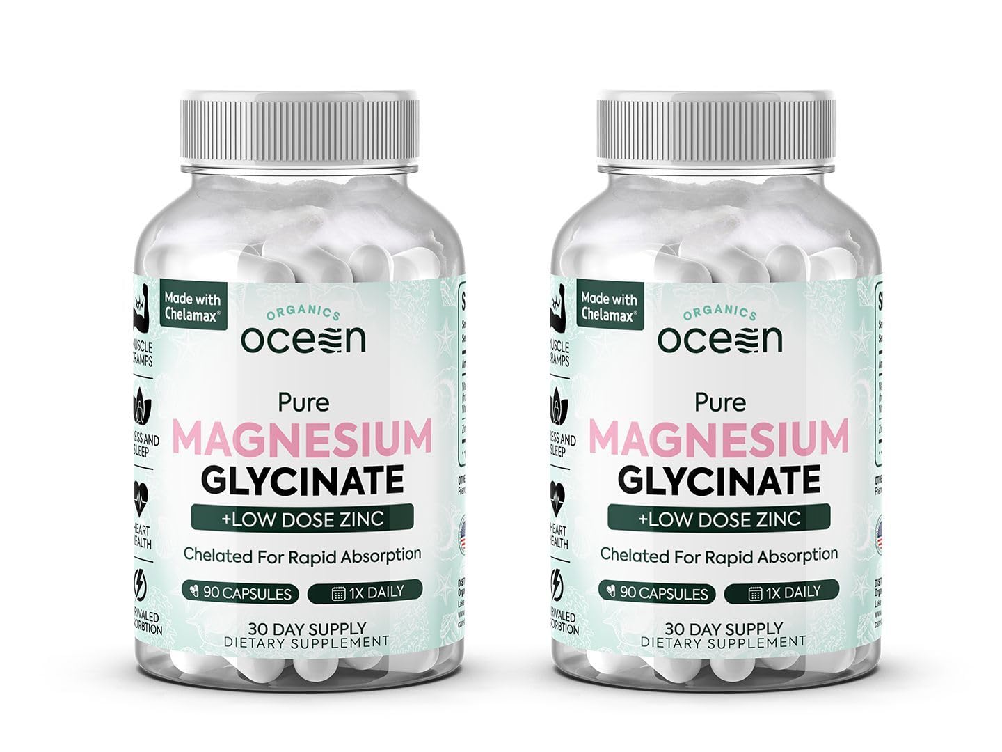 Organics Ocean Pure Magnesium Glycinate with Zinc bottle shows compact, high-potency daily support.