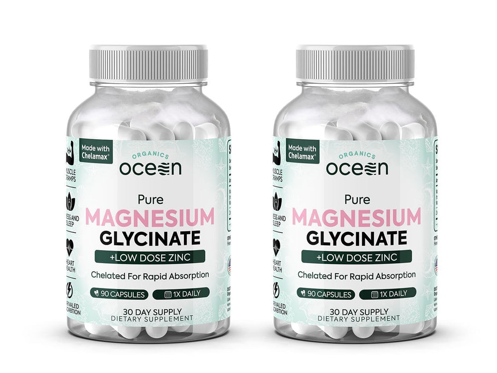 Organics Ocean Pure Magnesium Glycinate with Zinc bottle shows compact, high-potency daily support.