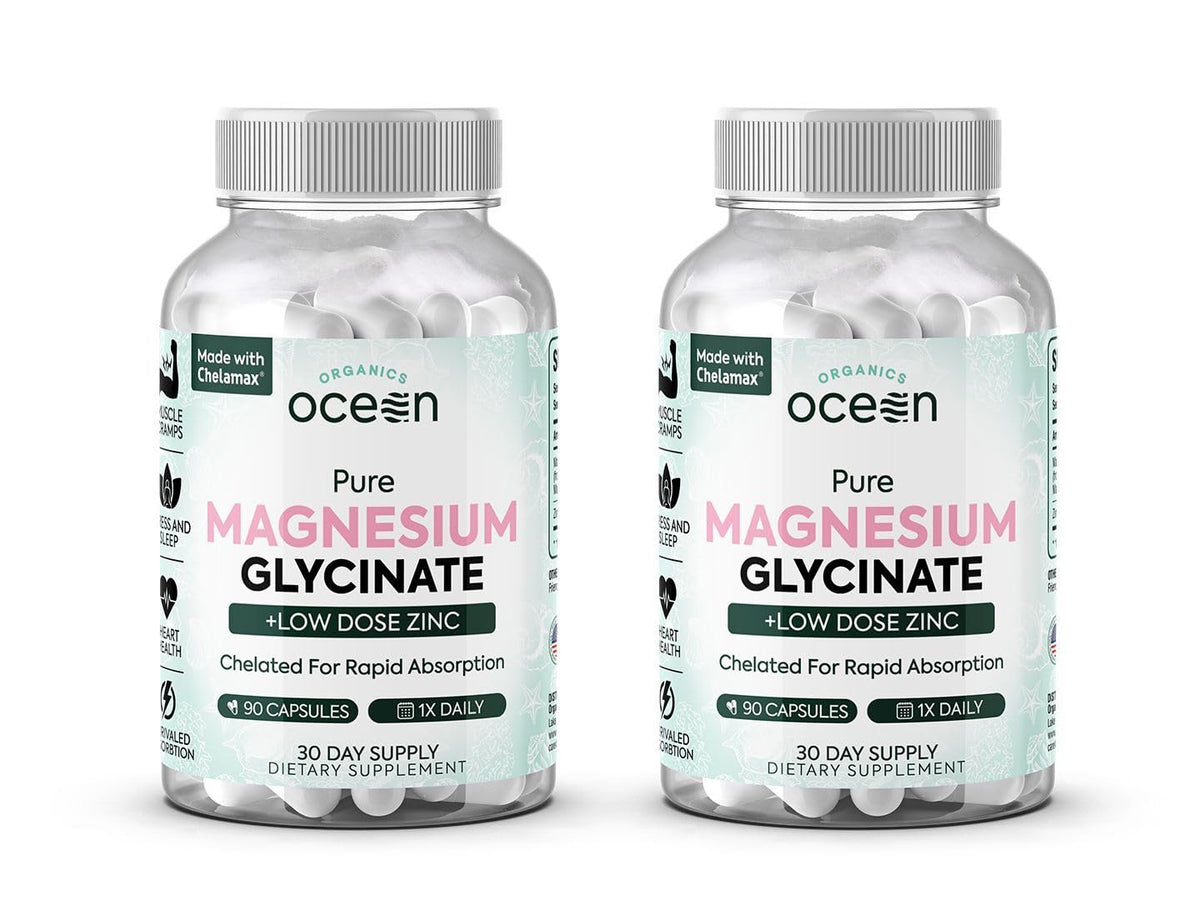 Organics Ocean Pure Magnesium Glycinate with Zinc bottle shows compact, high-potency daily support.