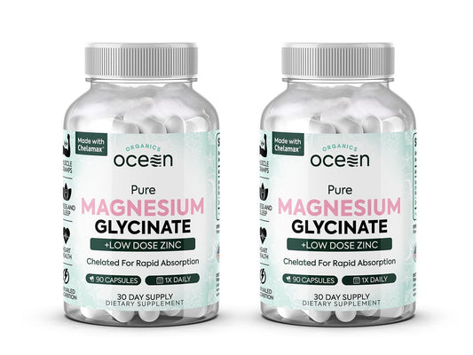 Organics Ocean Pure Magnesium Glycinate with Zinc bottle shows compact, high-potency daily support.