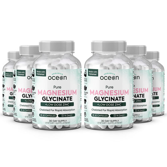 Organics Ocean Pure Magnesium Glycinate with Zinc bottle emphasizing quality and strength.