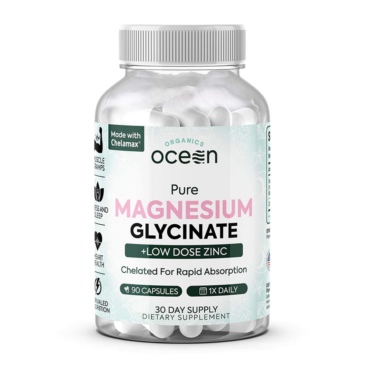 Organics Ocean magnesium glycinate with zinc bottle showcasing maximum strength formula