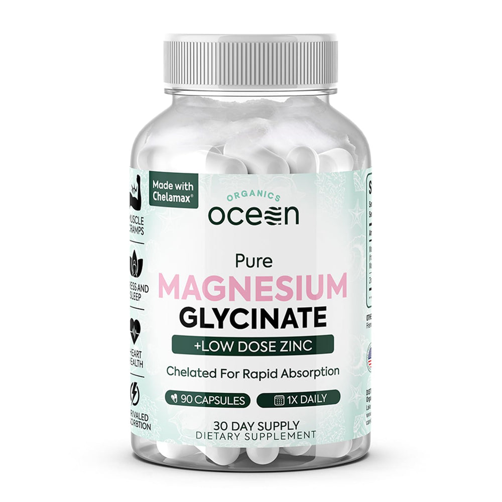 Organics Ocean magnesium glycinate with zinc bottle showcasing maximum strength formula