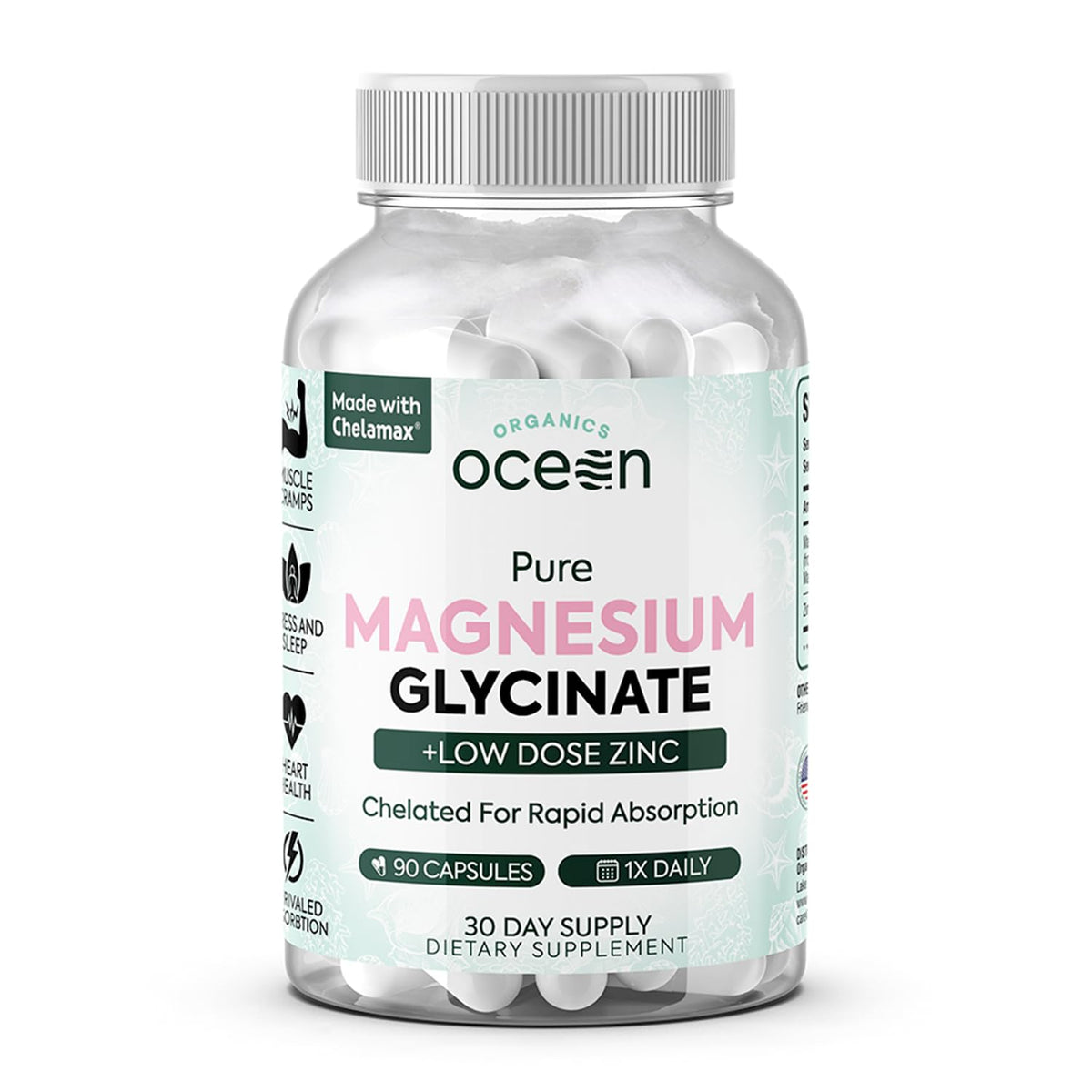 Organics Ocean magnesium glycinate with zinc bottle showcasing maximum strength formula