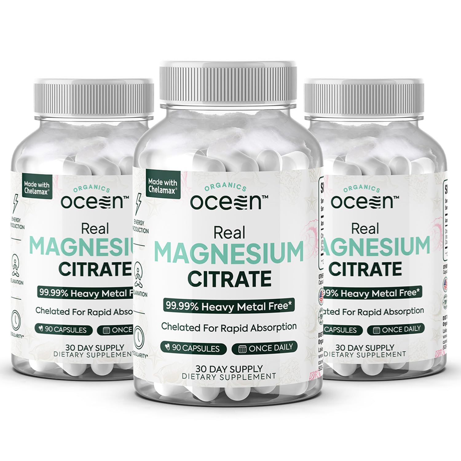 Organics Ocean Real Magnesium Citrate bottle; chelated magnesium for rapid absorption and daily energy.