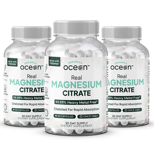Organics Ocean Real Magnesium Citrate bottle; chelated magnesium for rapid absorption and daily energy.