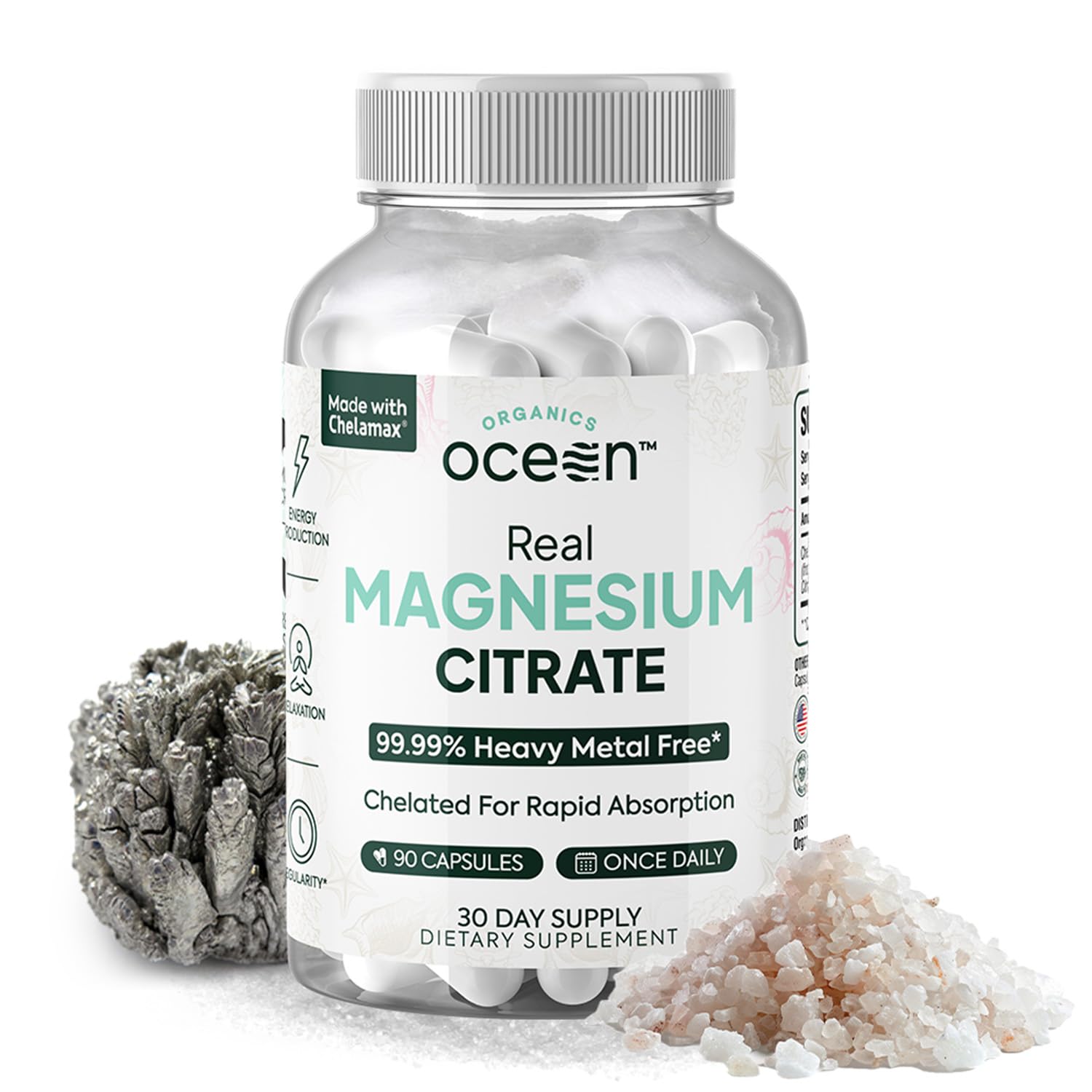 Organics Ocean Real Magnesium Citrate bottle highlighting high-absorption formula.