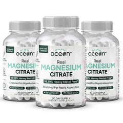 Organics Ocean Real Magnesium Citrate bottle; chelated magnesium for rapid absorption and daily energy.