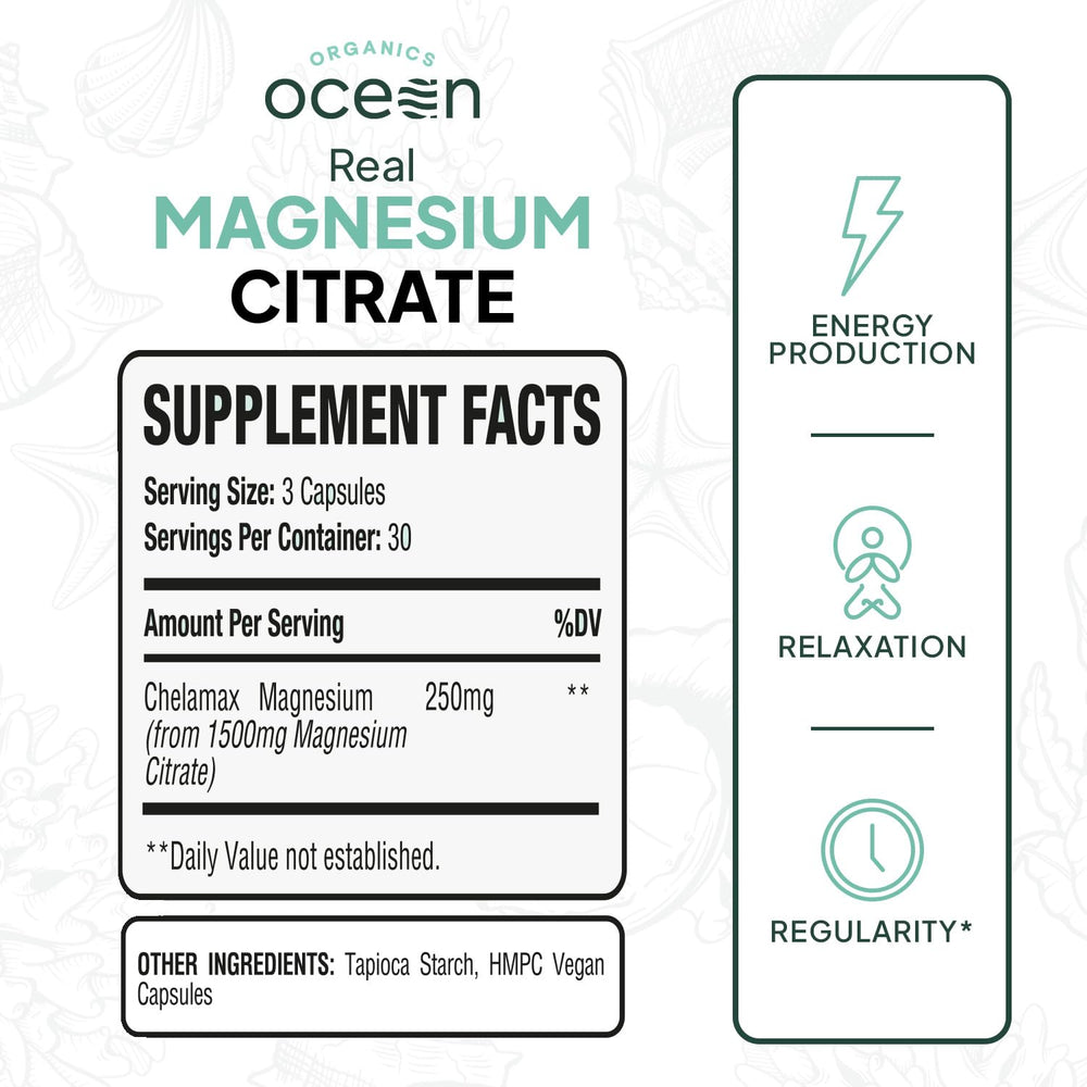 Organics Ocean Real Magnesium Citrate capsules ready for daily use.