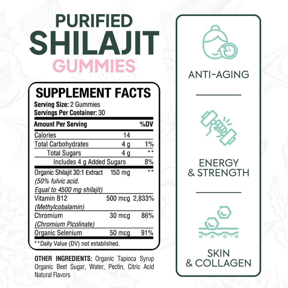 Organics Ocean Shilajit Gummies bottle back highlighting minerals and purity.