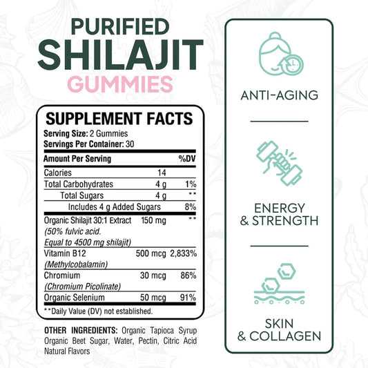 Organics Ocean Shilajit Gummies bottle back highlighting minerals and purity.