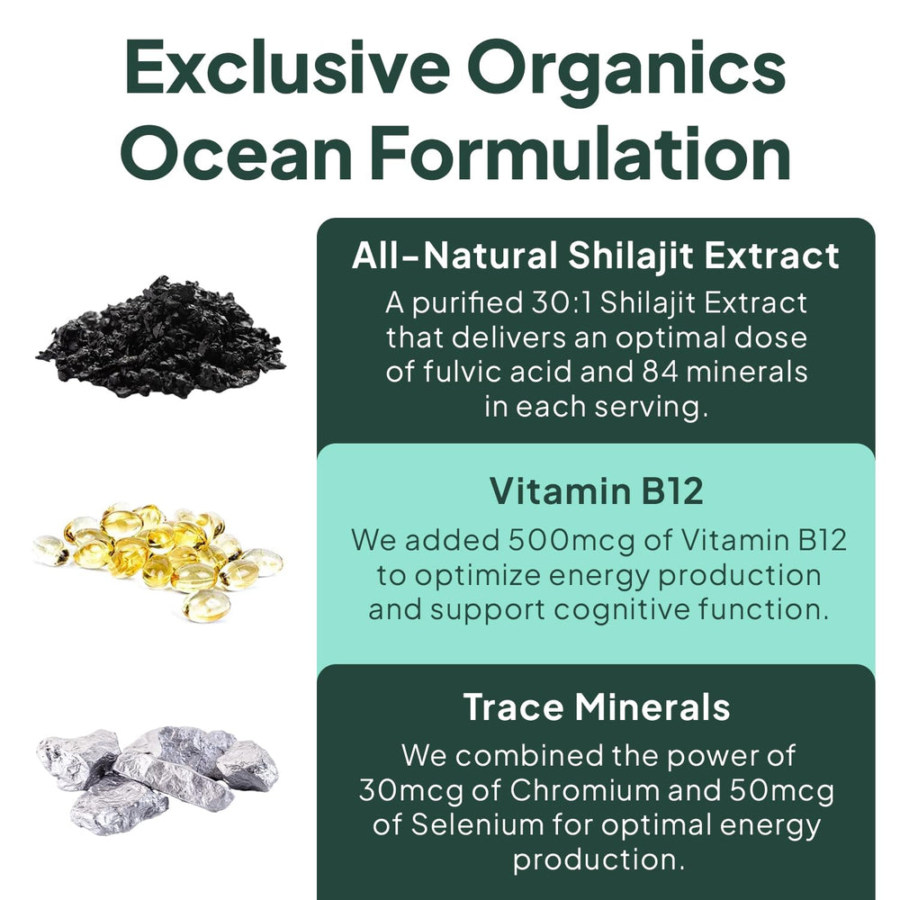 Organics Ocean Shilajit Gummies label closeup featuring B12 for energy support.
