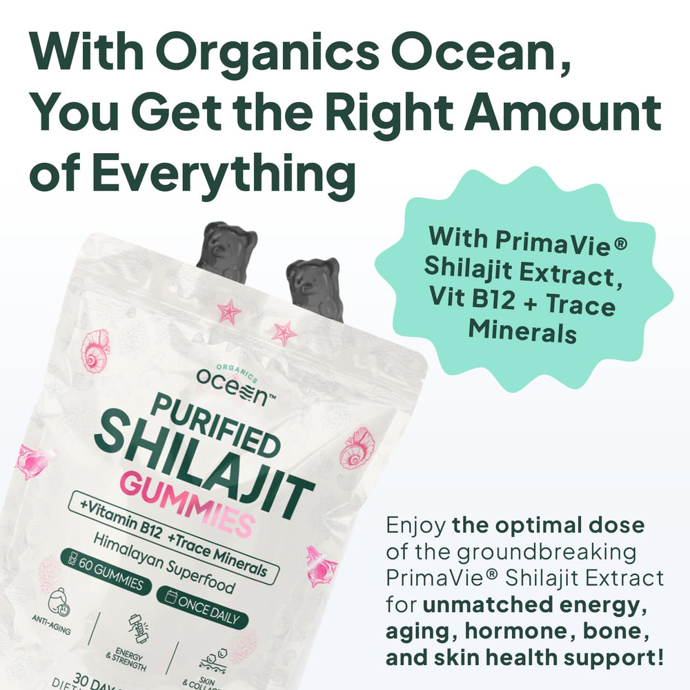 Packaging of Organics Ocean Shilajit Gummies emphasizing organic ingredients for energy.