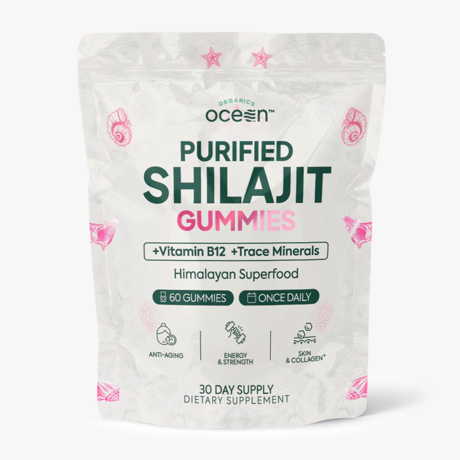 Organics Ocean Shilajit Gummies bottle with pumpkin cocoa flavor for daily energy.