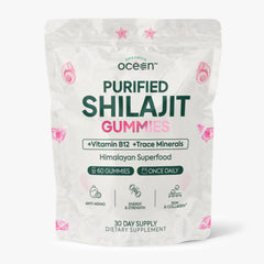 Organics Ocean Shilajit Gummies bottle with pumpkin cocoa flavor for daily energy.