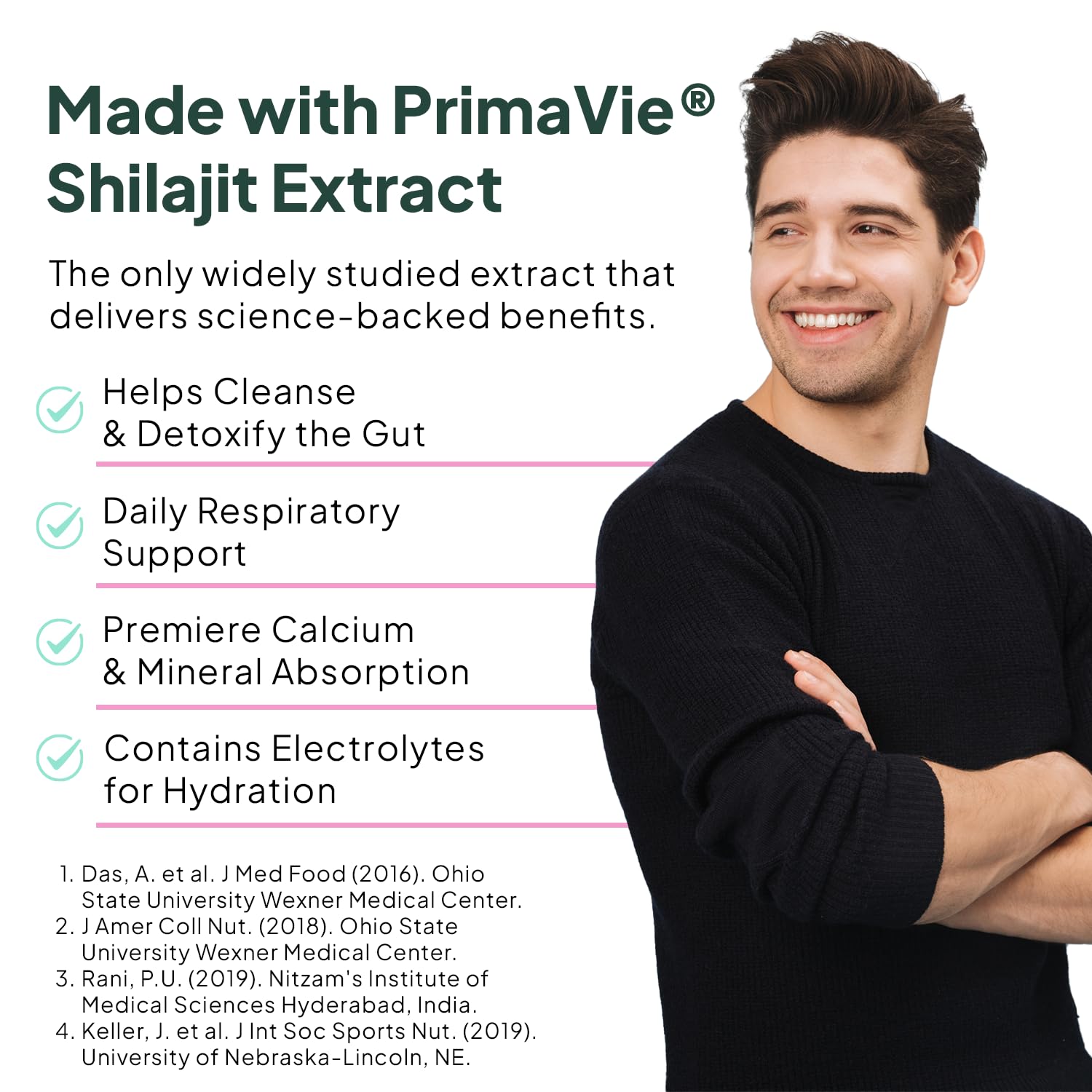 Supplement facts panel showing fulvic minerals and antioxidants for daily vitality.