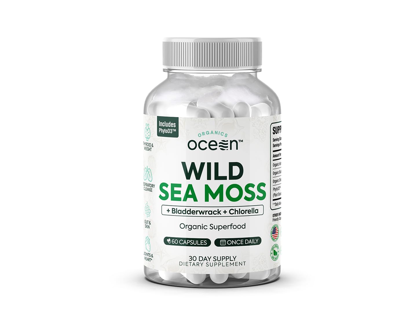 Organics Ocean Sea Moss Capsules bottle front highlighting organic formula for daily energy