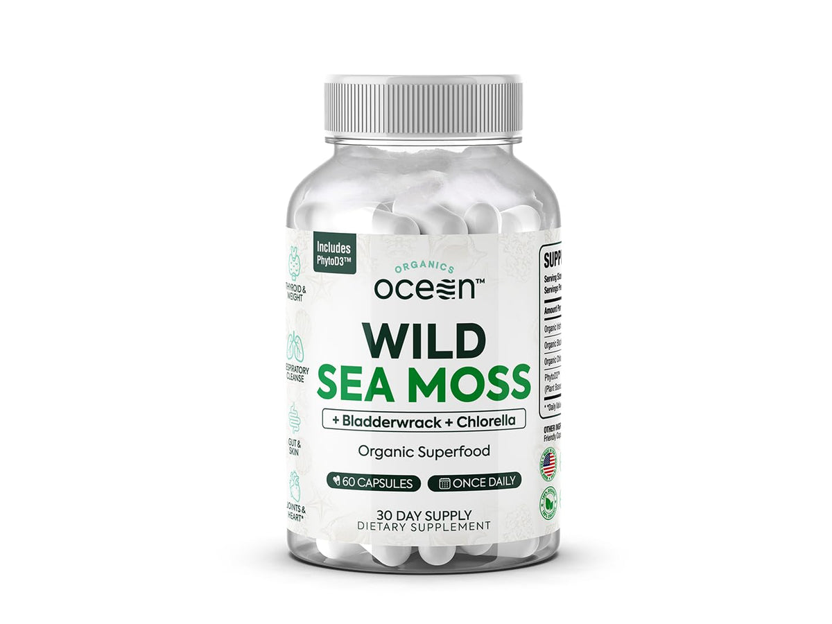 Organics Ocean Sea Moss Capsules bottle front highlighting organic formula for daily energy