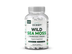 Organics Ocean Sea Moss Capsules bottle front highlighting organic formula for daily energy