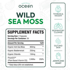 Organics Ocean Sea Moss Capsules label detail highlighting 60 capsules with organic ingredients
