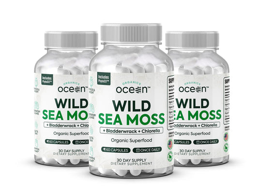 Organics Ocean sea moss capsules bottle shows daily energy and immune wellness potential.