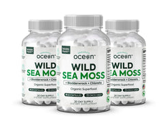 Organics Ocean sea moss capsules bottle shows daily energy and immune wellness potential.