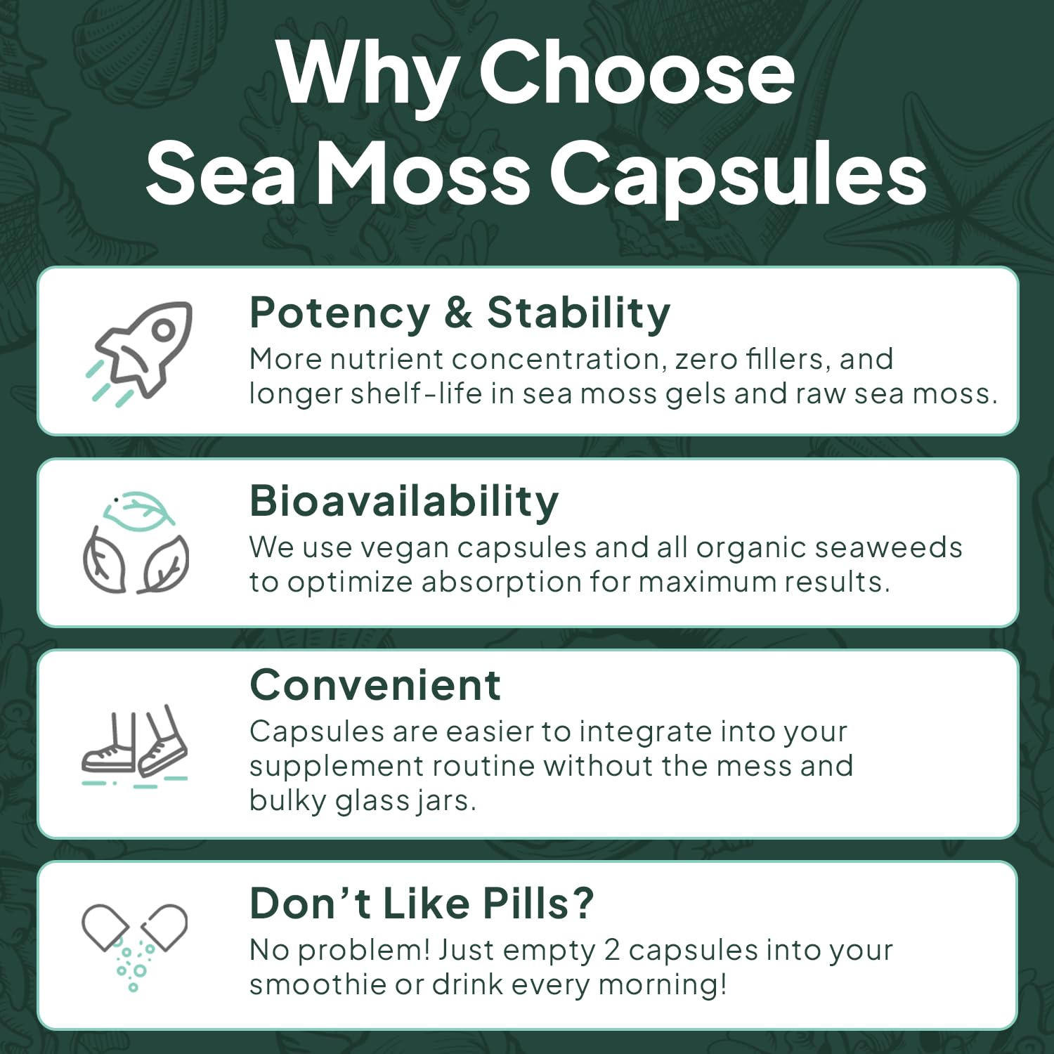 Organics Ocean Sea Moss Capsules with vitamin D3 showcase energy and immune support potential