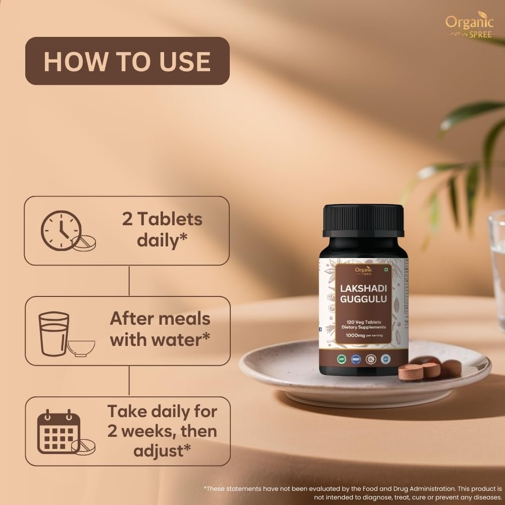 Ingredient panel on Organic Spree Lakshadi Guggulu showing ayurvedic components.