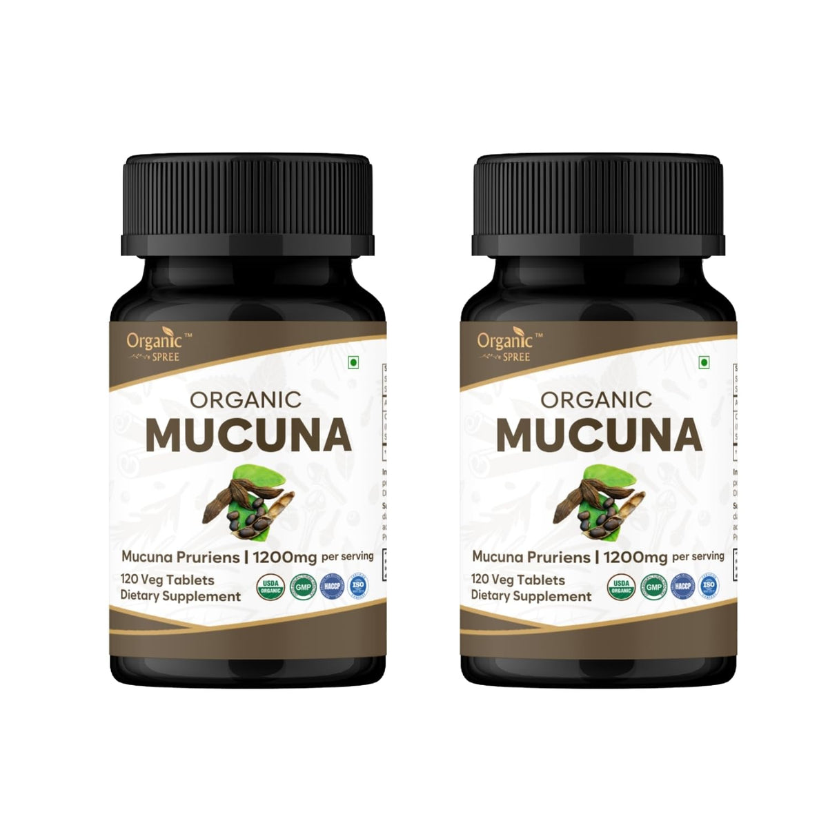 Organic Spree Mucuna tablets closeup for daily vegetarian supplement routine.