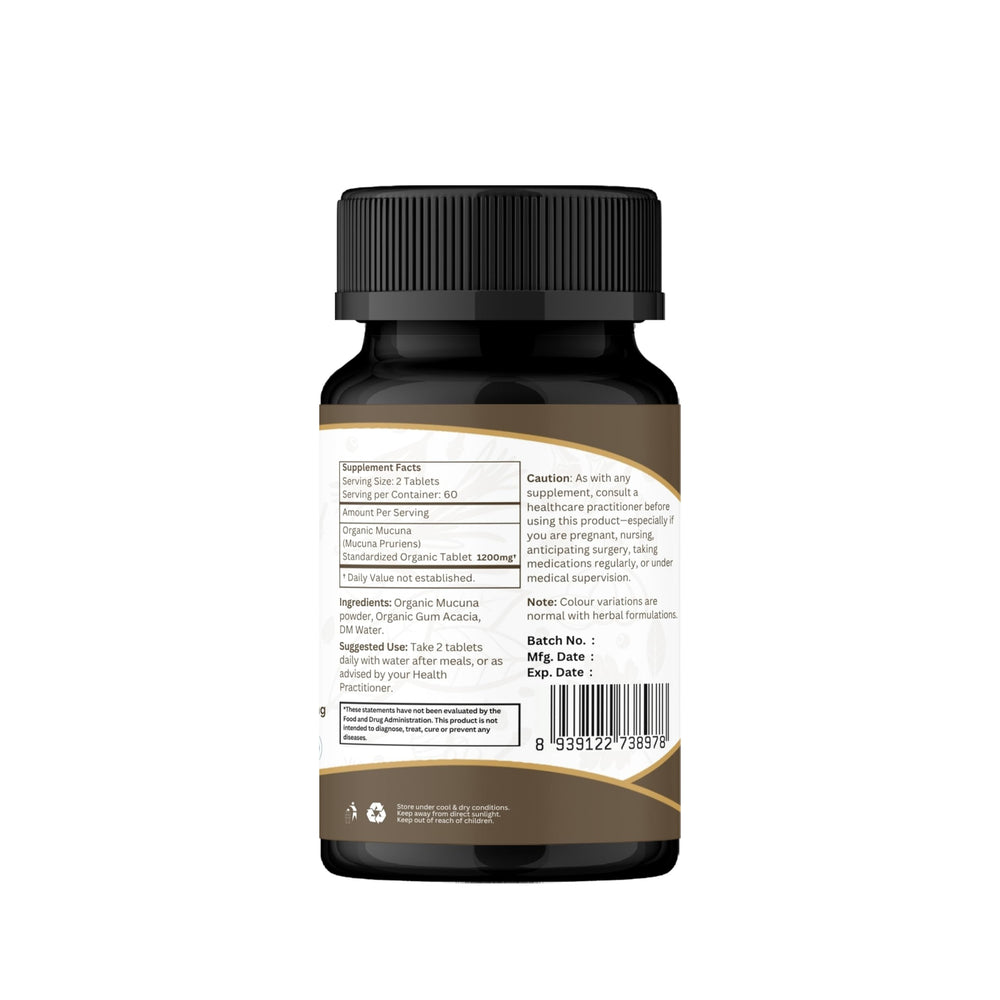 Organic Spree Mucuna tablets dispensing illustration for everyday use.