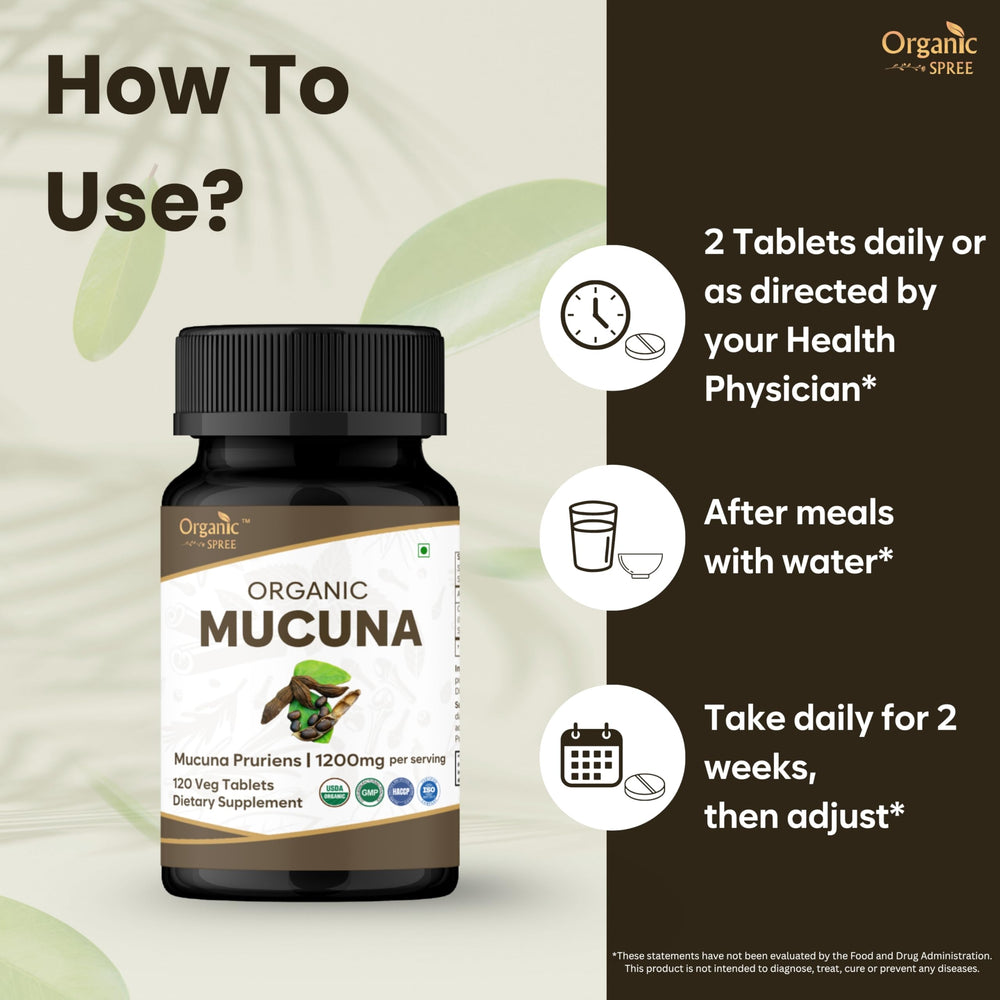 Organic Spree Mucuna tablets in hand illustrating convenient daily dosage.
