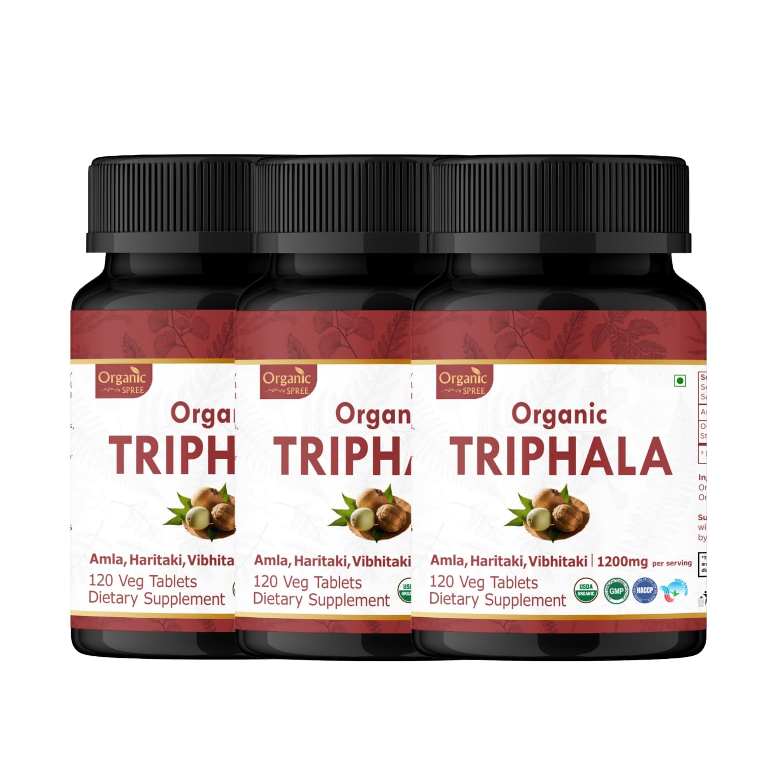 ORGANIC SPREE Triphala bottle front view showing packaging for convenient digestive support
