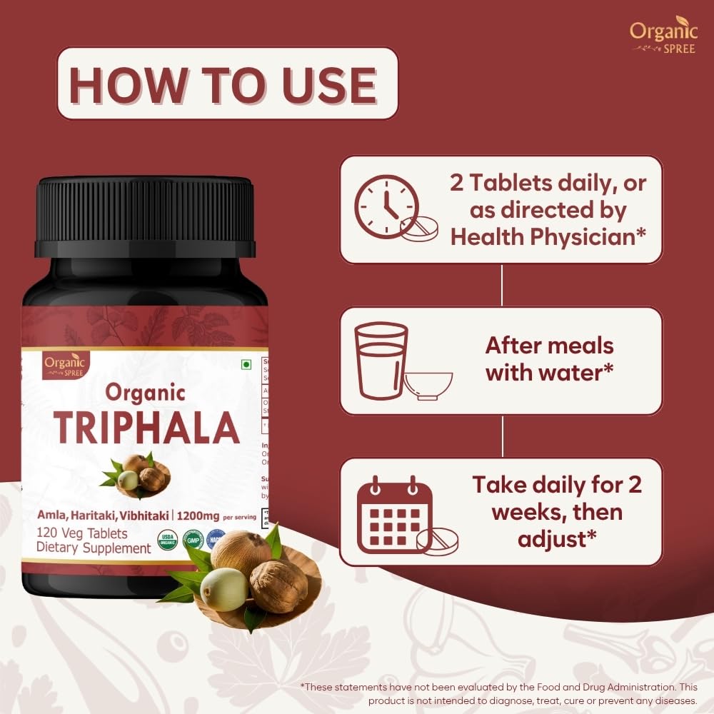 Close-up of ORGANIC SPREE Triphala tablets highlighting daily dose for routine use