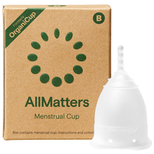 OrganiCup Size B packaging from AllMatters highlights allergy certification and sustainability.