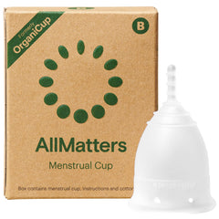 OrganiCup Size B packaging from AllMatters highlights allergy certification and sustainability.
