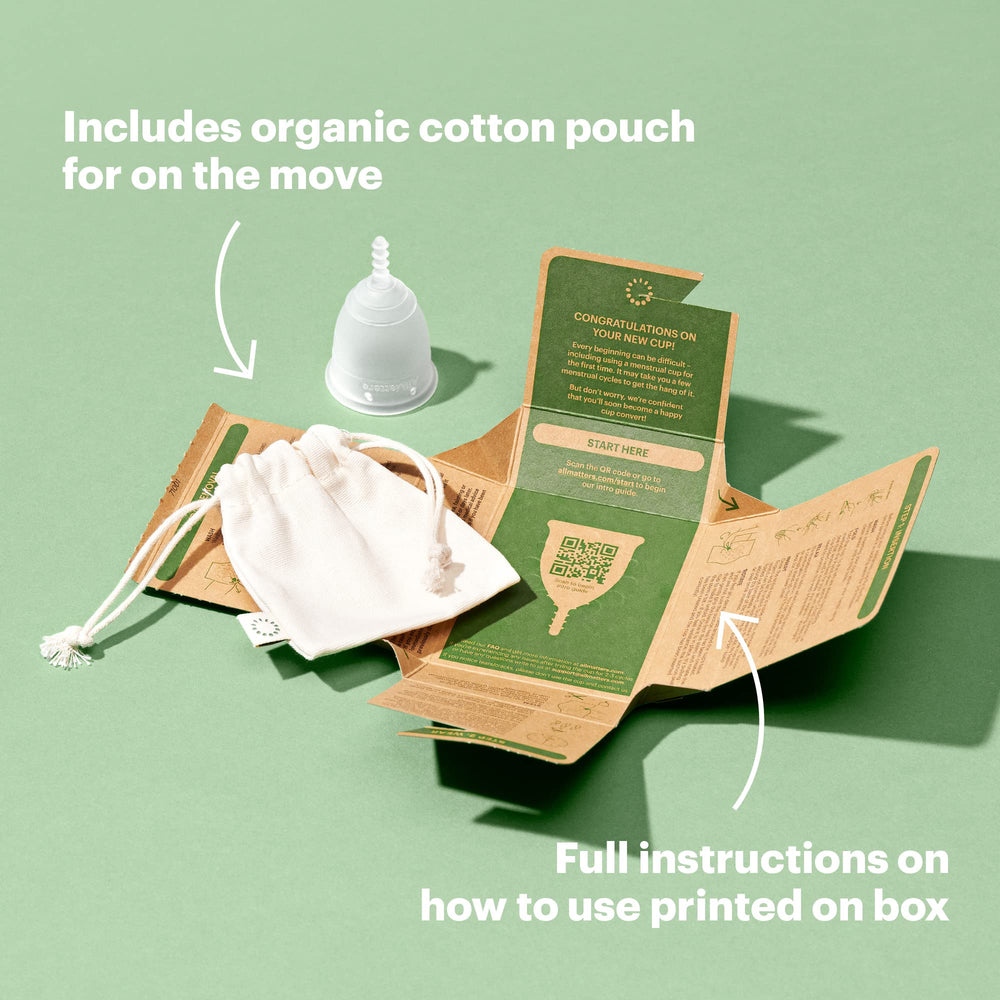 OrganiCup packaging opened to reveal Size B cup and cotton pouch.