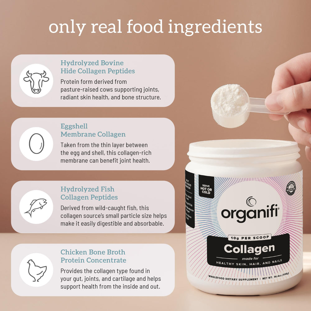 Pouring Organifi Collagen into a smoothie for daily use.
