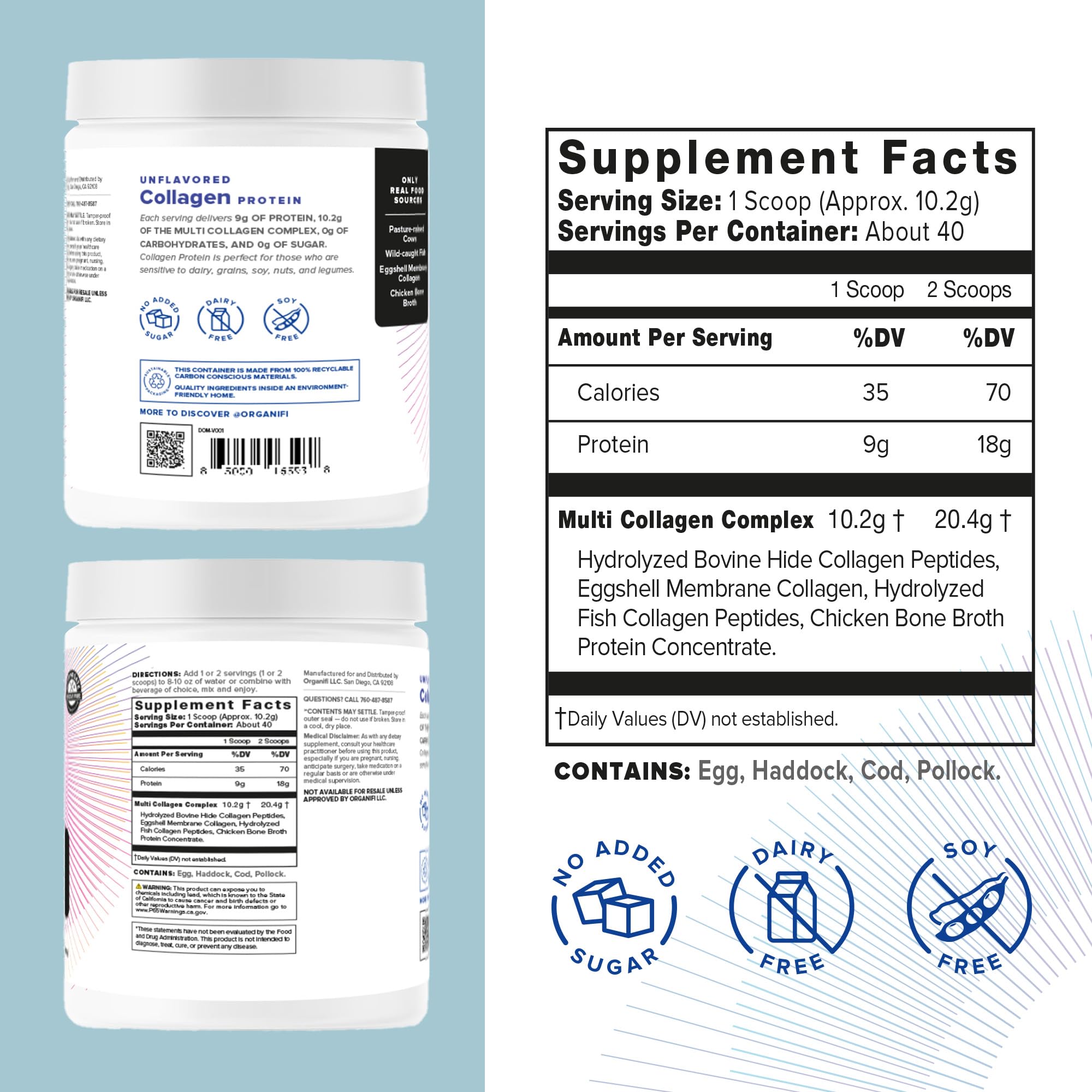 Organifi Collagen powder scoop highlights five collagen types.