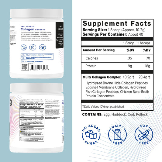 Organifi Collagen powder scoop highlights five collagen types.