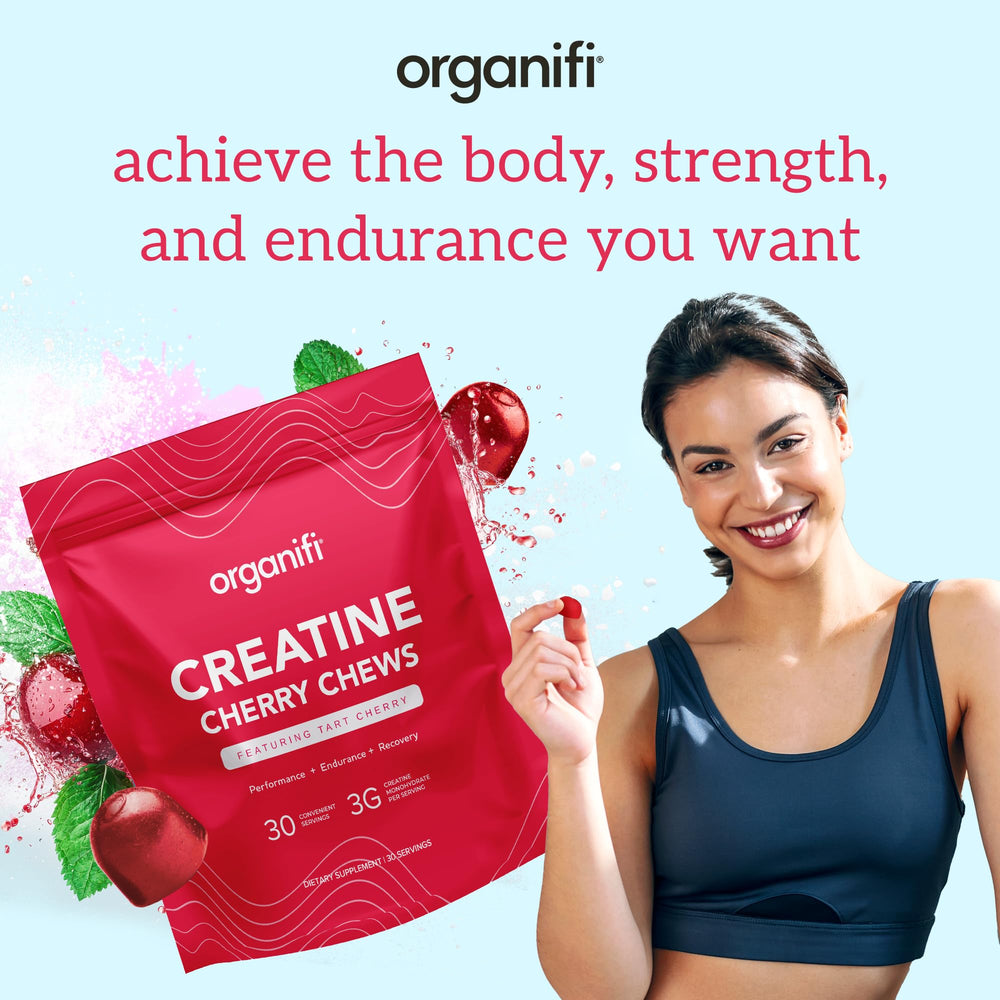 Organifi Creatine Chews gummies on platter emphasizing cherry flavor and taste