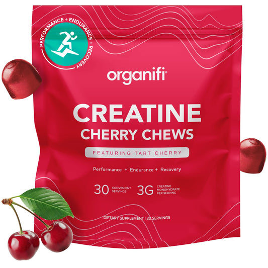 Organifi Creatine Chews pack shot showing cherry flavor and 30-day supply for daily performance support
