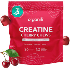 Organifi Creatine Chews pack shot showing cherry flavor and 30-day supply for daily performance support