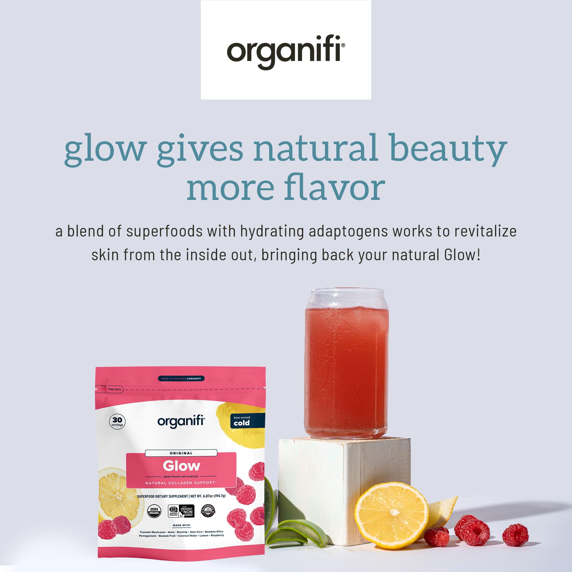 Organifi Glow ingredients card highlighting acerola cherry and tremella moisture.