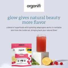 Organifi Glow ingredients card highlighting acerola cherry and tremella moisture.