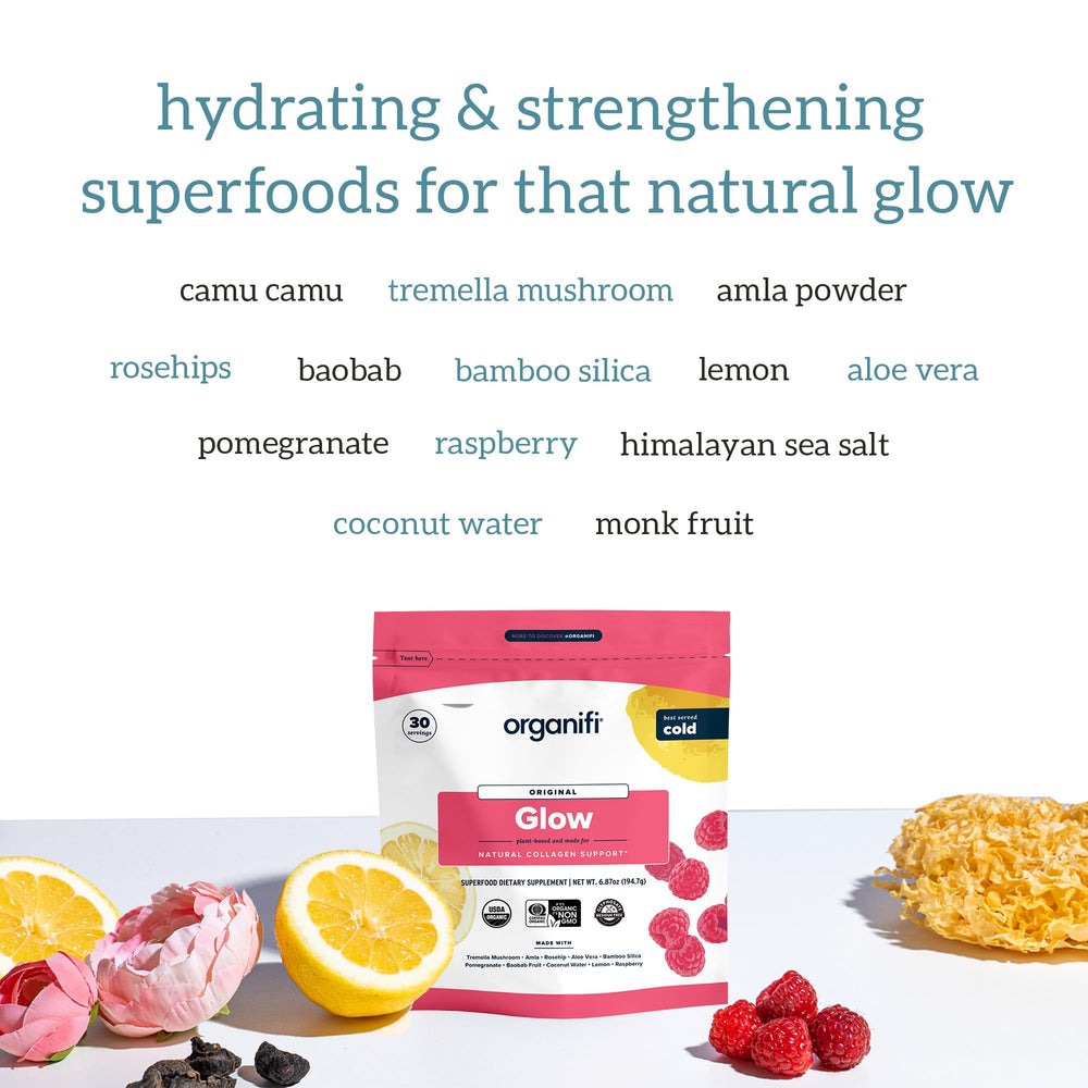 Organifi Glow label close-up emphasizes organic non-GMO formulation.