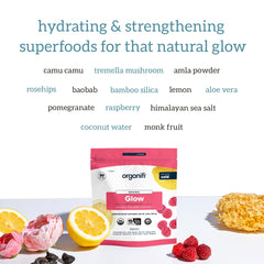 Organifi Glow label close-up emphasizes organic non-GMO formulation.
