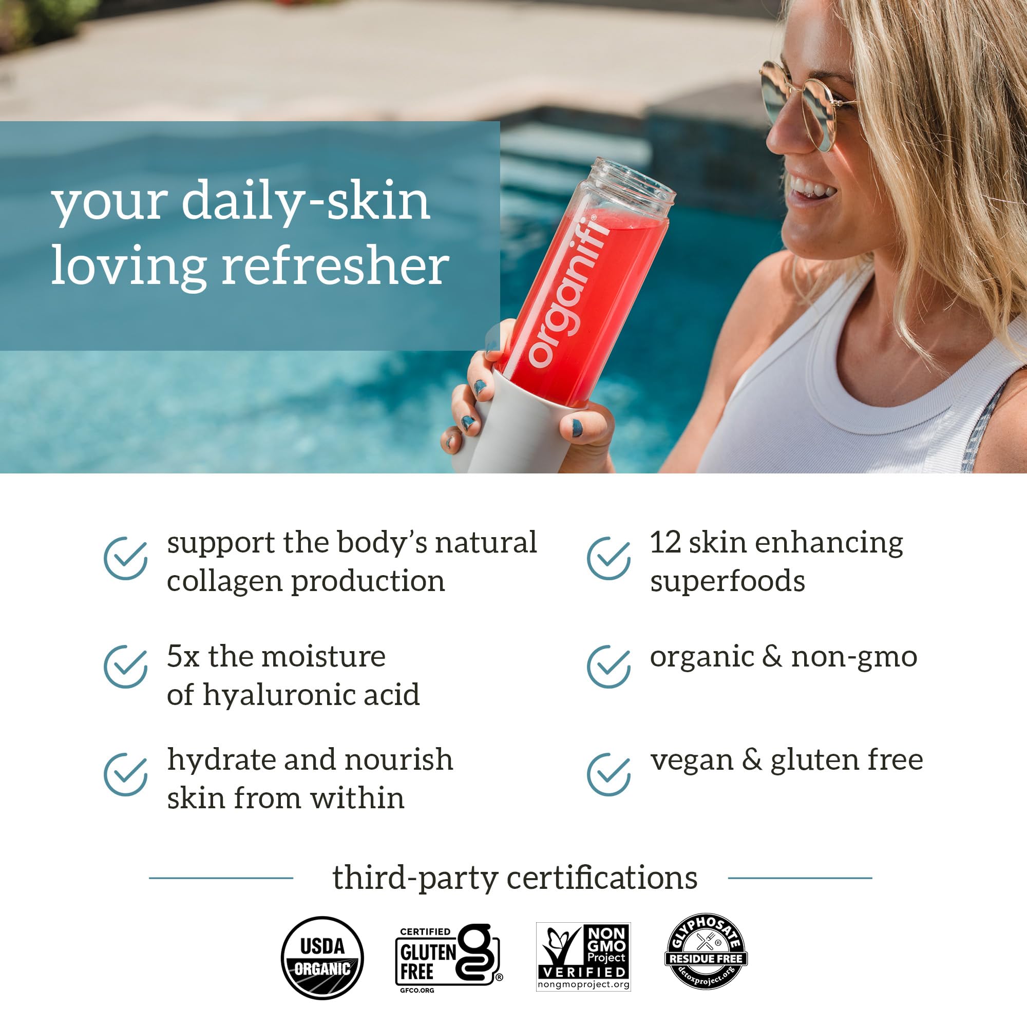Organifi Glow raspberry lemonade dissolve demonstrates tasty hydration for skin care.